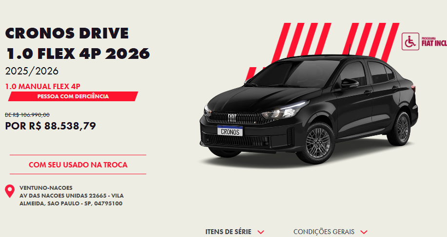 Fiat baixa o preço do Cronos Drive 1.0 2026 em R$ 18.451 para PcD em outubro