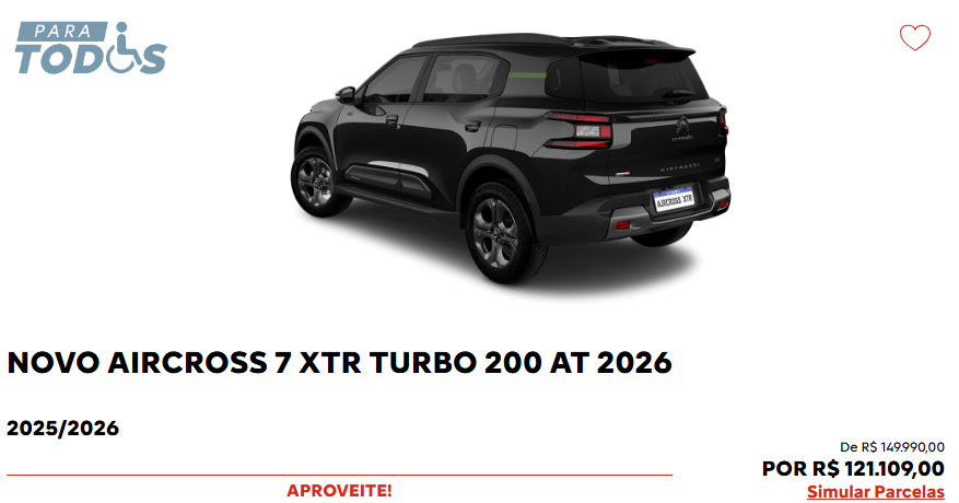 Citroën baixa o preço do Aircross XTR 2026 em R$ 28,8 mil para PcD em outubro