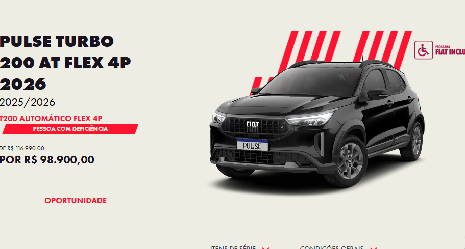 Fiat derruba o preço do Pulse T200 AT 2026 em R$ 18.090 para PcD em outubro