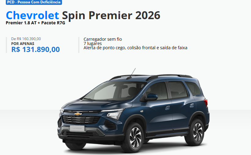 Chevrolet Spin Premier é ofertado em outubro com redução de até R$ 28.500 para PcD