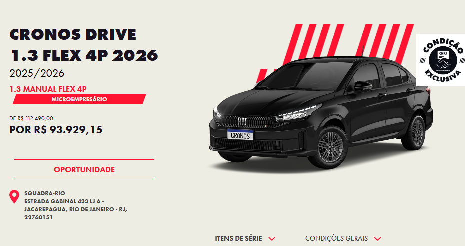 Preço do Fiat Cronos Drive 1.3 CVT 2026 é reduzido em R$ 29.118 para PcD em novembro
