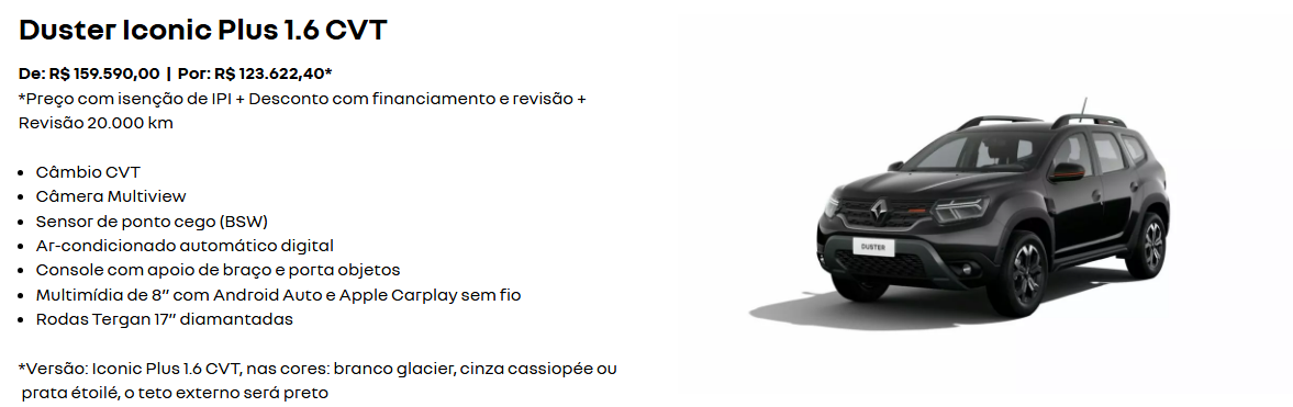 Renault derruba o preço do Duster Iconic Plus 1.6 CVT em R$ 35.967 para PcD