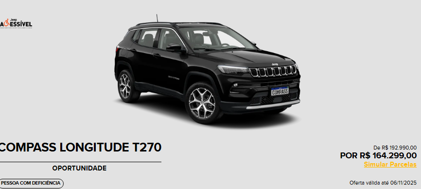 Jeep Compass Longitude é oferecido em outubro com redução de R$ 28.691 para PcD