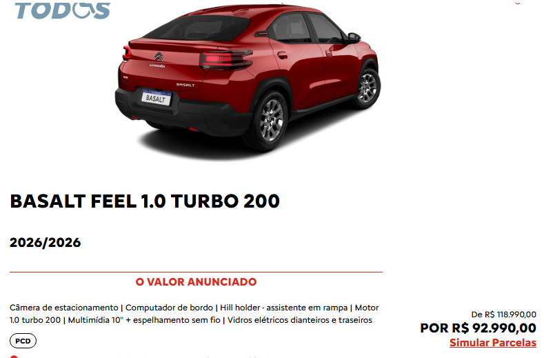 Citroën Basalt Feel T200 CVT é anunciado em outubro com redução de R$ 25.300 para PcD