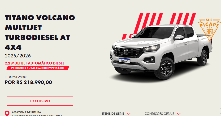 Fiat derruba o preço da Titano Volcano 2026 em R$ 46.367 para CNPJ em outubro