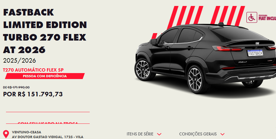 Preço do Fiat Fastback Limited 2026 é reduzido em R$ 20,1 mil para PcD em novembro