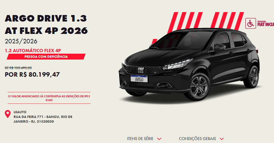 Preço do Fiat Argo Trekking AT 2026 é reduzido em R$ 25.290 para PcD em novembro