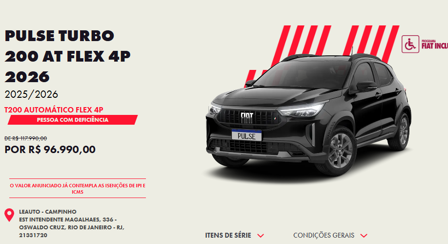 Preço do Fiat Pulse T200 AT 2026 é abaixado em R$ 21 mil para PcD em novembro