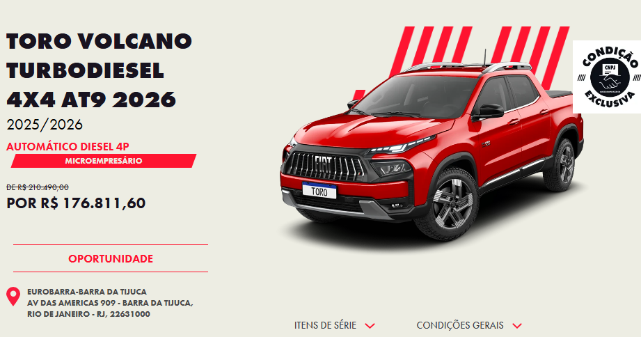 Preço da Fiat Toro Volcano Diesel 2026 é reduzido em R$ 33.678 para CNPJ em novembro