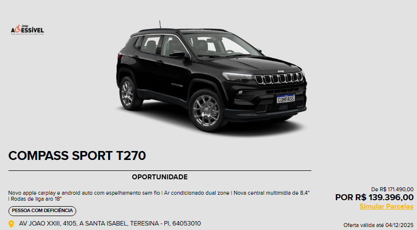Preço do Jeep Compass Sport 2026 é reduzido em R$ 32.094 para PcD em novembro