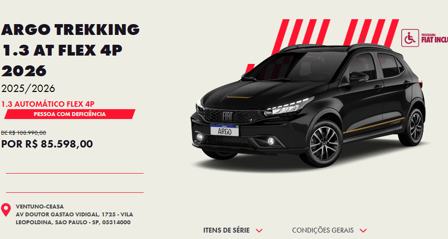 Fiat corta R$ 23.392 do preço do Argo Trekking AT 2026 para PcD em novembro