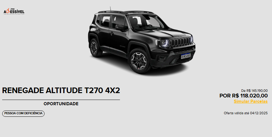 Jeep corta R$ 27.170 do preço do Jeep Renegade Altitude 2026 para PcD em novembro