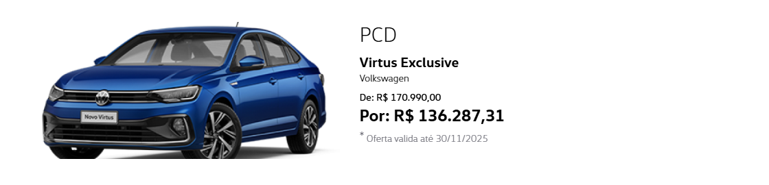 Preço do Volkswagen Virtus Exclusive 2026 é reduzido em R$ 34.702 para PcD em novembro