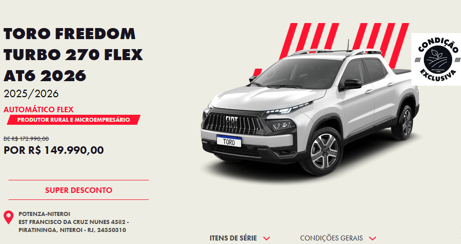 Fiat reduz em R$ 23 mil o preço da Toro Freedom 2026 para CNPJ neste mês