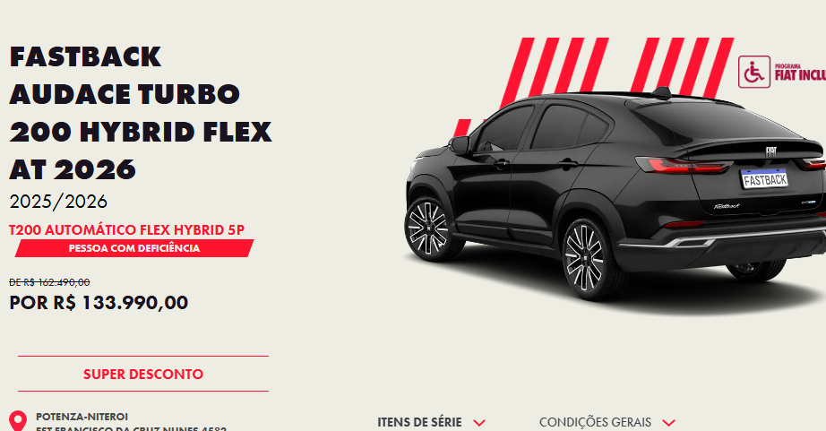 Fiat reduz em R$ 28.500 o preço da Fastback Audace Hybrid 2026 para PcD em novembro