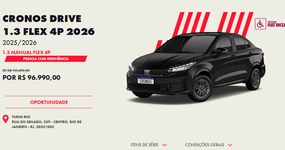 Fiat reduz em R$ 15.500 o preço do Cronos Drive 1.3 MT 2026 para PcD em novembro