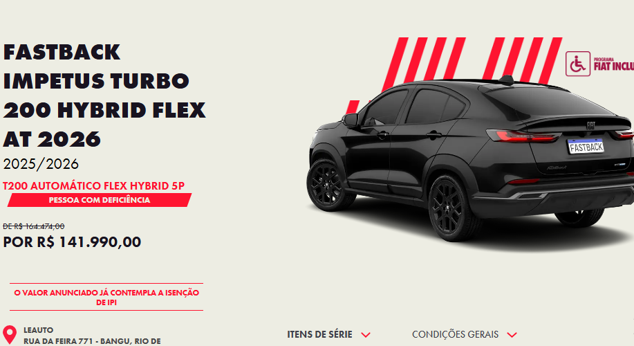 Fiat Fastback Impetus Hybrid 2026 tem queda de R$ 22.484 para PcD em novembro