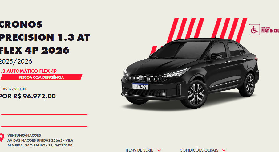 Fiat corta R$ 26.018 do preço do Cronos Precision 2026 para PcD em novembro