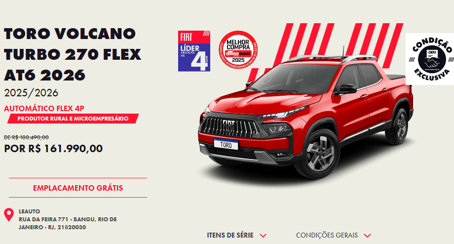 Fiat Toro Volcano Flex 2026 tem queda de R$ 26.500 para CNPJ neste mês