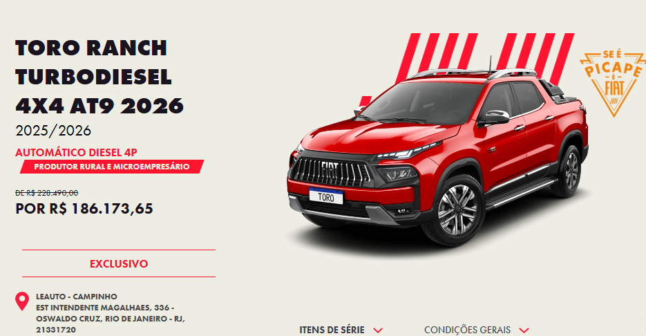 Fiat reduz preço da Toro Ranch 2026 em R$ 42 mil em oferta para CNPJ
