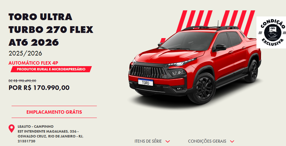 Fiat corta R$ 27.500 do preço do Toro Ultra 2026 para CNPJ em novembro