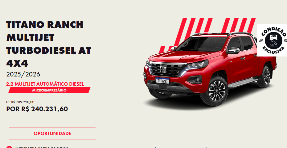 Preço da Fiat Titano Ranch 2026 é reduzido em R$ 45.758 para CNPJ em novembro