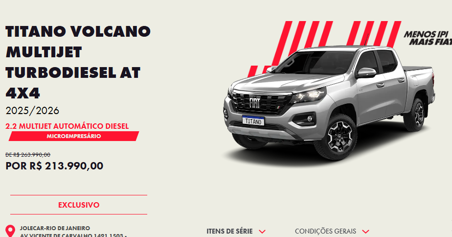 Fiat derruba em R$ 50 mil o preço da Titano Volcano 2026 para CNPJ