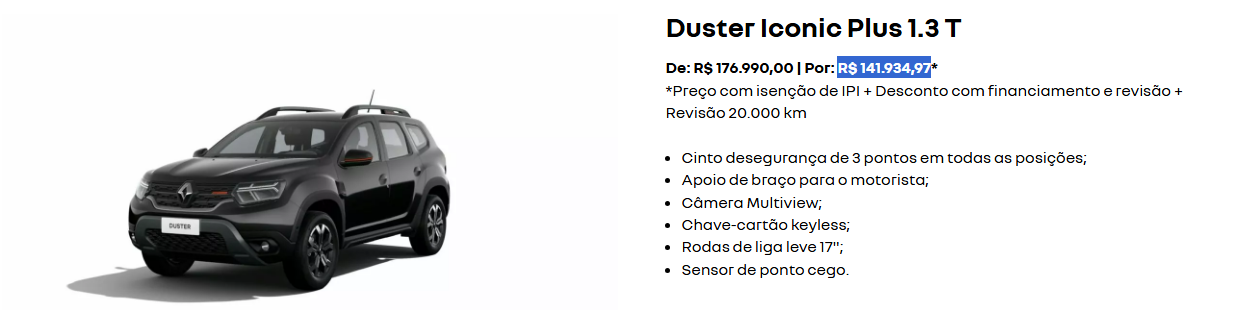 Preço do Renault Duster Iconic Plus 1.3 Turbo 2026 é reduzido em R$ 35.055 para PcD