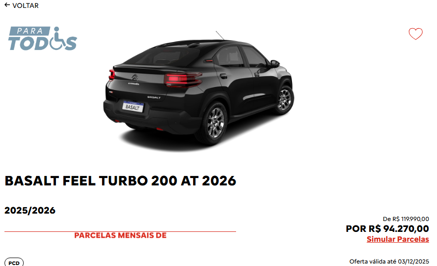 Citroën corta R$ 25.720 do preço do Basalt Feel T200 CVT 2026 para PcD em novembro