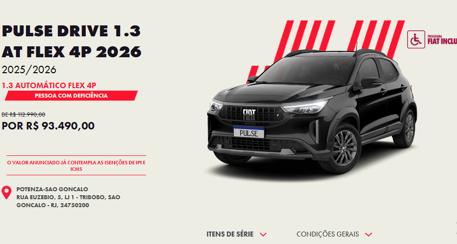 Preço do Fiat Pulse Drive 1.3 CVT 2026 é reduzido em R$ 19.500 para PcD em novembro