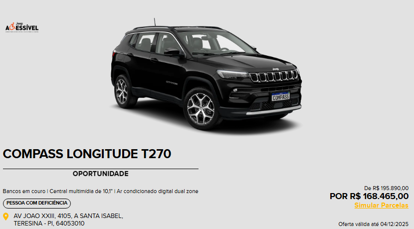 Jeep corta R$ 27.425 do preço do Compass Longitude 2026 para PcD em novembro