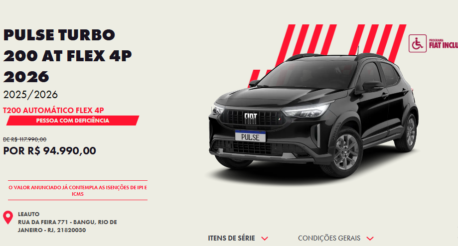 Fiat reduz R$ 23 mil no Pulse T200 AT 2026 para PcD em dezembro