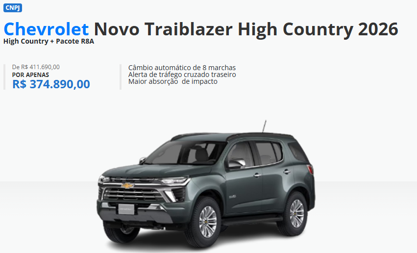 Chevrolet derruba em R$ 36.800 o preço da Traiblazer 2026 para CNPJ em dezembro