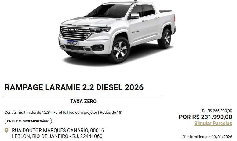 Ram libera Rampage Laramie 2026 com redução de até R$ 34 mil para CNPJ em dezembro