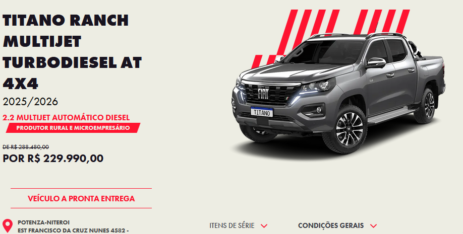 Fiat anuncia descontão de R$ 58.490 na Titano Ranch 2026 para CNPJ em dezembro