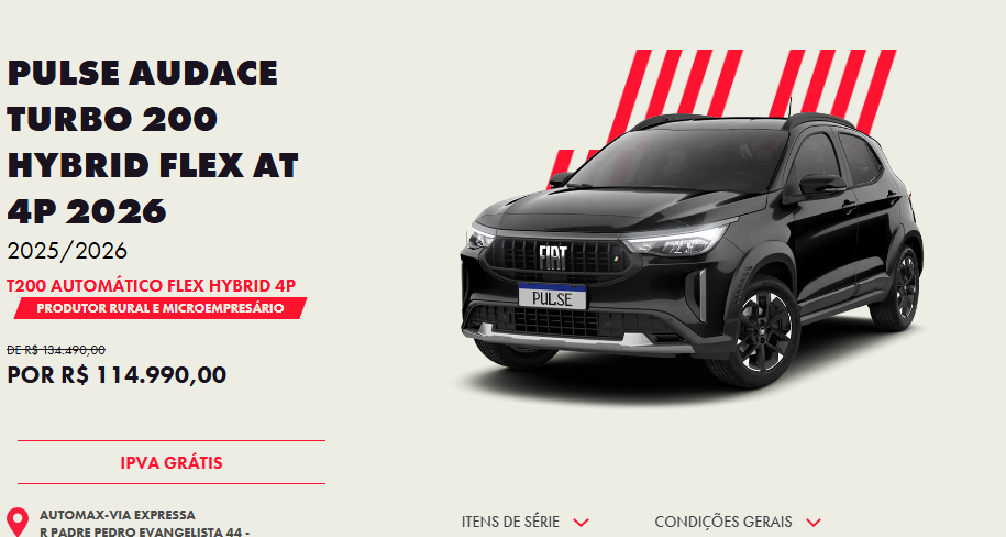 Fiat libera descontão de R$ 19.500 no Pulse Audace Hybrid 2026 para CNPJ em dezembro