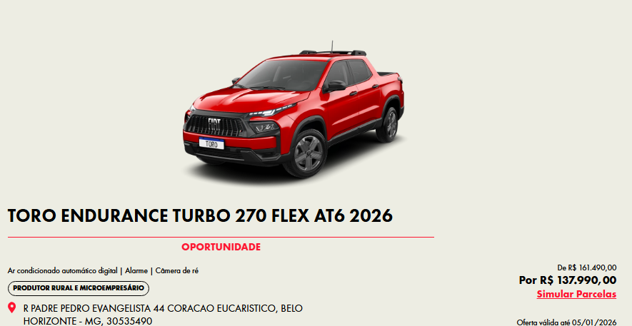 Fiat Toro Endurance 2026 ganha desconto de R$ 23.500 para CNPJ em dezembro