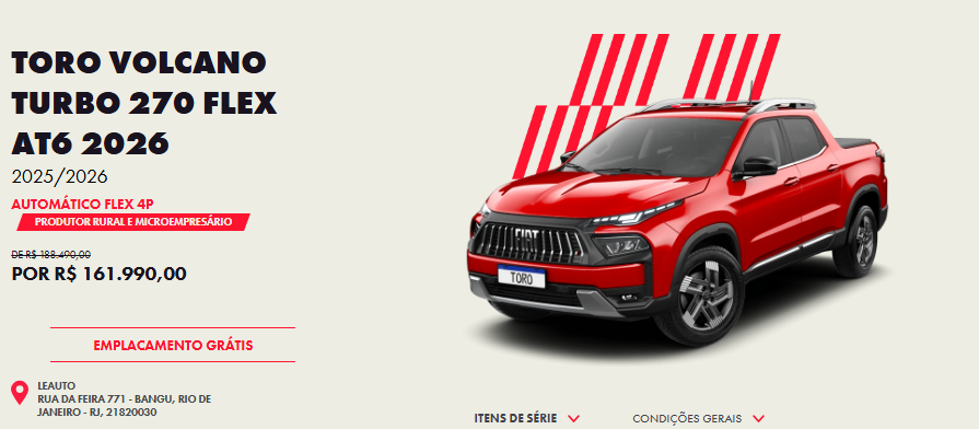 Fiat libera Toro Volcano Flex 2026 com desconto de R$ 26,5 mil para CNPJ em dezembro