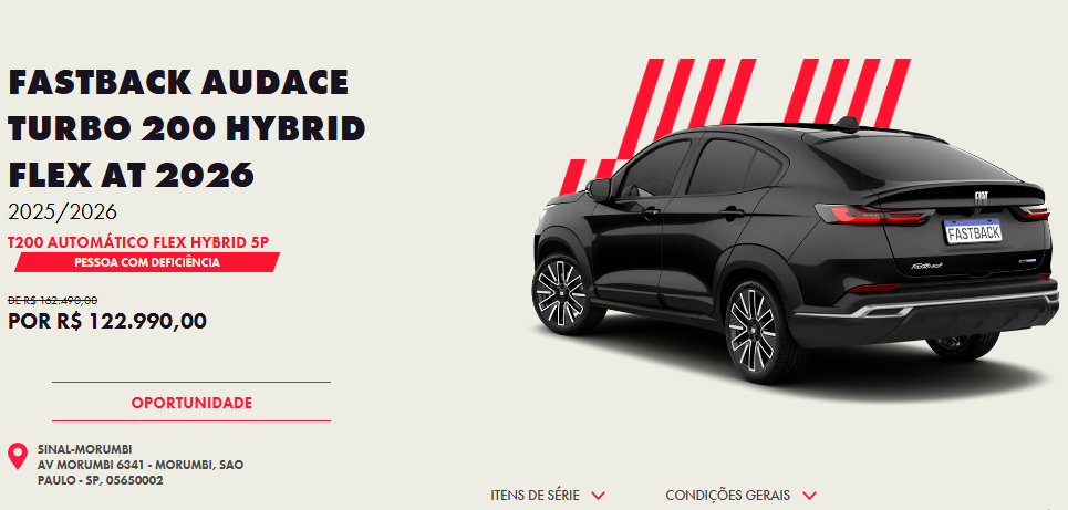 Fiat derruba preço do Fastback Audace Hybrid 2026 em R$ 39.500 para PcD em dezembro