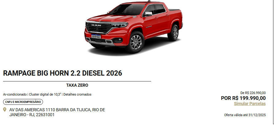 Ram Rampage Big Horn 2026 passa a custar menos que o Toro em promoção