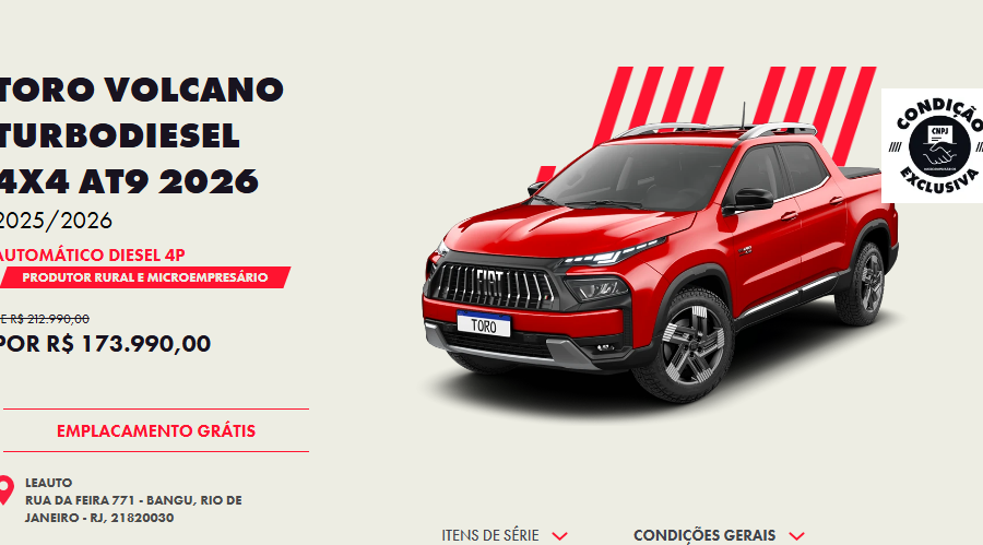 Fiat derruba em R$ 39 mil o preço da Toro Volcano Diesel 2026 para CNPJ em dezembro