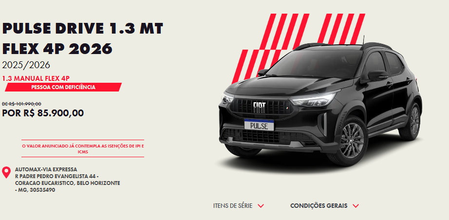 Fiat Pulse Drive 1.3 MT 2026 fica mais barato que o Argo em oferta de dezembro
