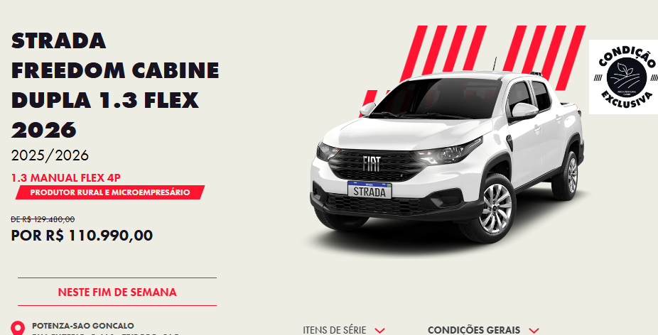 Fiat Strada Freedom 2026 tem queda de até R$ 25.590 para CNPJ em dezembro