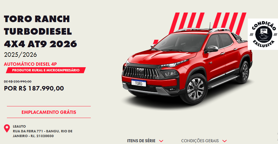 Fiat libera desconto de R$ 43 mil na Toro Ranch 2026 para CNPJ em dezembro