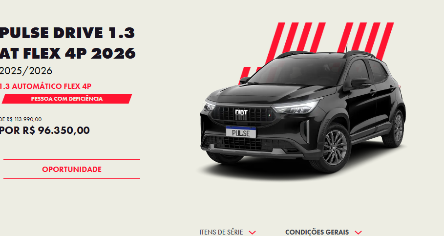 Fiat Pulse Drive 1.3 CVT 2026 custa menos que Argo com desconto de R$ 17.640 em dezembro