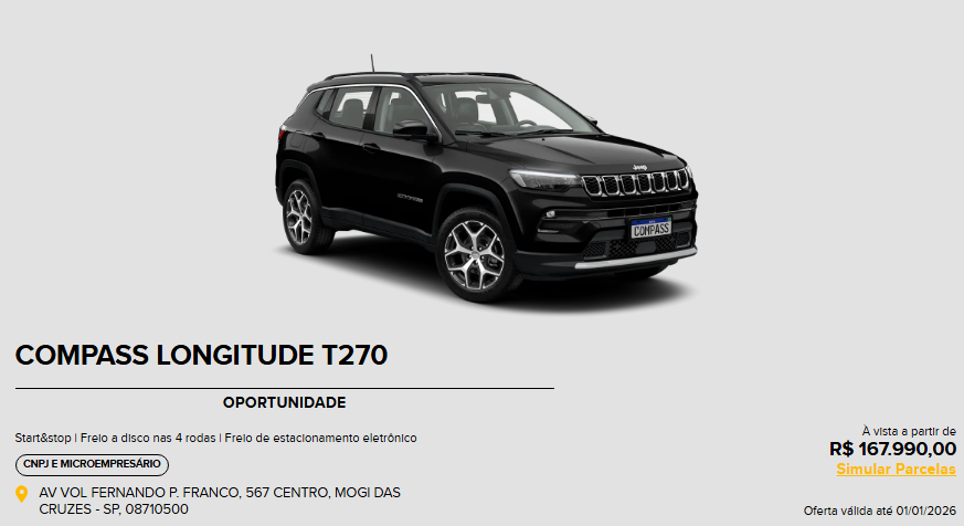 Jeep Compass Longitude 2026 custa menos que Creta com desconto de R$ 27.900 para CNPJ