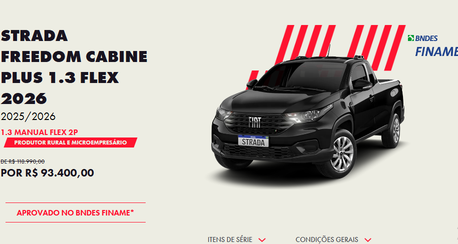 Fiat Strada Freedom 2026 tem queda de até R$ 25.590 para CNPJ em dezembro
