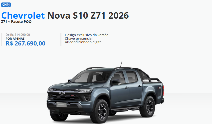 Chevrolet libera S10 Z71 2026 com descontão de R$ 46.600 para CNPJ em dezembro