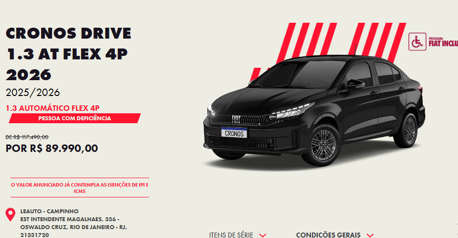Fiat reduz R$ 27.500 no Cronos Drive 1.3 CVT 2026 para PcD em dezembro