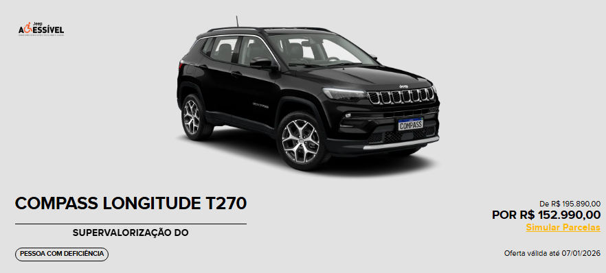 Jeep anuncia descontão de R$ 42.900 no Compass Longitude 2026 para PcD em dezembro